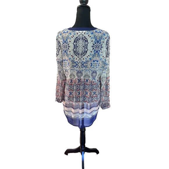 DR2 Daniel Rainn Top Womens Medium Floral Boho Peasant Roll Tab Flowy Blouse - Picture 7 of 10